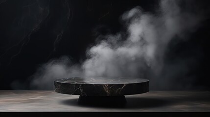 Empty black marble table podium in dark room with smoke. Black marble podium for product mockup.