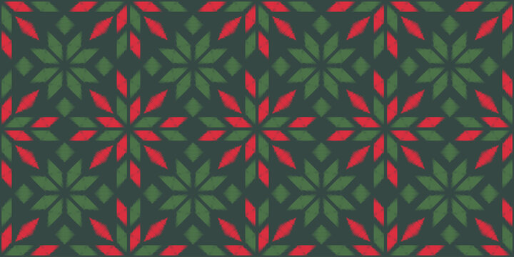 Motif Christmas ethnic handmade beautiful Ikat art. Christmas background. folk embroidery Christmas pattern, geometric art ornament print. red, green colors. Holly, Mistletoe, poinsettia design.