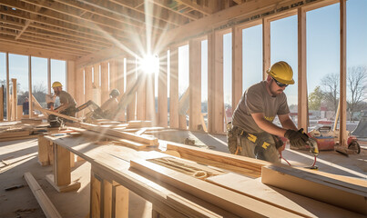 Fototapeta premium Workers diligently installing doors and windows in a new residential building