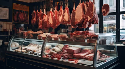 Fotobehang Showcase with raw meat in a butcher shop © Ziyan Yang