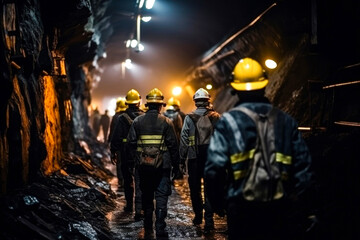 group mining workers walks through tunnel coal mine - 645317692
