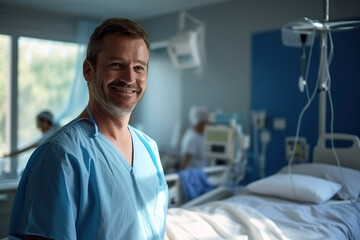 Obraz premium Photo of a man standing in a hospital room next to a bed