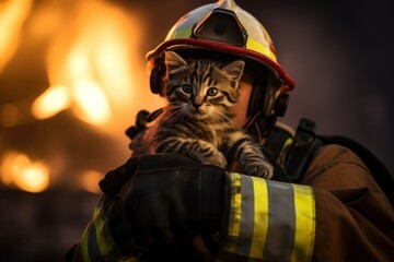 Photo of a heroic fireman rescuing a helpless kitten from danger