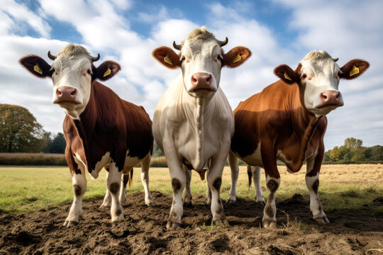 three cows are standing in open field, cows looking directly into camera