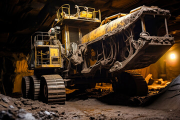 A yellow and black bulldozer at work in a coal mine