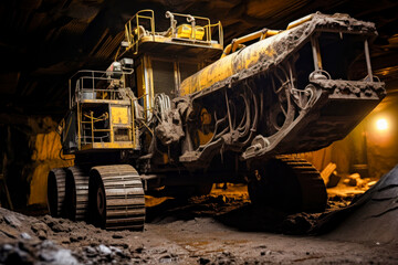 Fototapeta premium A yellow and black bulldozer at work in a coal mine
