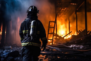 Naklejka premium Photo of a brave firefighter battling a raging inferno in a burning building