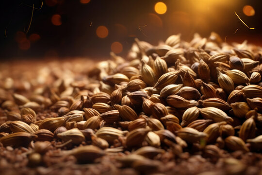 barley malt close-up, malt grains fall into a pile