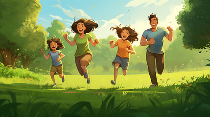 A happy family running or jogging in park vector illustration - Fictional characters - Generative Ai 