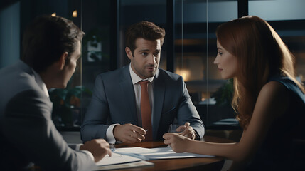 Business people in a meeting at office - A financial advisor meeting with clients in an beautiful office background  - Fictional Character's - Generative Ai