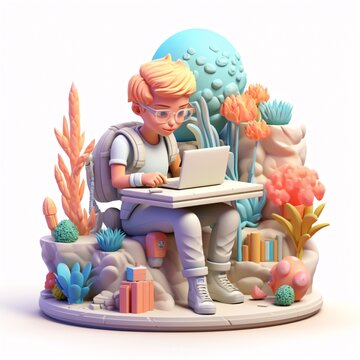 scene 3D clay icon style. student boy kid carrying a bag sit on rocks reading book and notebook for homework explore the forest colorful vibrant color flower, bush, plant backdrop white background.