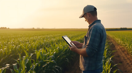 Farmer inspecting plants with technological device in big plantation. Professional agronomist monitoring cultivation process on farmland. Agriculture specialists smart growing concept - Generative Ai 