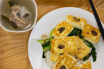 top view Chinese fast food of mapo tofu with vegetable and winter melon soup and rice