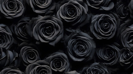 Seamless pattern. black roses beautifully arranged in top view. The theme is that black roses represent the meaning of unrequited love couples, broken heart, mourning and death. © chawalit