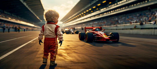 Child racer. Boy race car driver walking on road or Formula 1 race track. Backlit shot daytime, sky. Future dream job for kid. Copy space. Starting point or winner. Spectators in the stand or stadium.
