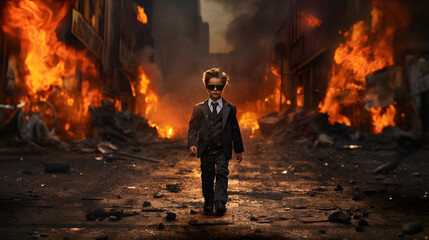 The boy wears a black suit and dark glasses. He is handsome and cool. Walking on the street amid explosions, fire, and the ruins of buildings. In the style of filming a movie. - obrazy, fototapety, plakaty