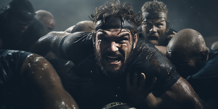 Rugby Player In The Middle Of A Scrum Closeup Action Shot With Cinematic Tone Effect - Fictional Faces - Generative Ai