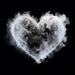 White smoke or heart shaped steam. Floating on a black background. Studio lighting. The concept is my love, blackhearted, heartbroken, unloved, betrayal or blackmail, dishonest and death. - obrazy, fototapety, plakaty