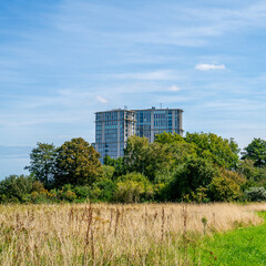 Apartment building between bushes near Rotterdam, Netherlands
