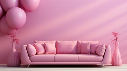 Stylish minimalist interior of modern cozy living room in pastel pink and purple tones. Trendy couch with cushions, decorative vases, creative design details. Mockup, 3D rendering.