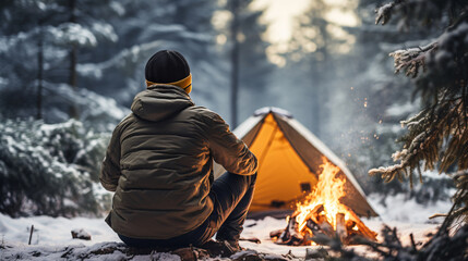 A man wearing a winter hoodie and a wool hat sits warming himself by a fire in a snowy pine forest with a bonfire, tent and the morning sun. The concept is traveling, hiking alone, getting lost.