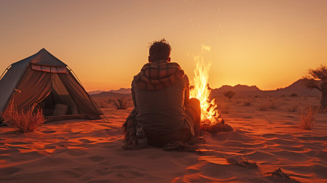 A man sits warming himself by a fire in the desert with a bonfire, tent, orange morning sun or sunset. The concept is traveling, hiking, setting up a tent alone, getting lost.