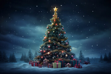 decorated christmas tree with balls, garlands and gift boxes