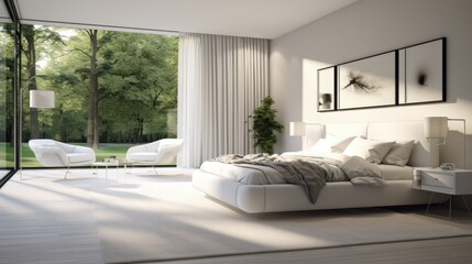 Interior of minimalist scandi style bedroom in luxury villa or hotel. White walls, large comfortable bed, armchairs, floor-to-ceiling windows overlooking scenic summer landscape. Mockup, 3D rendering.