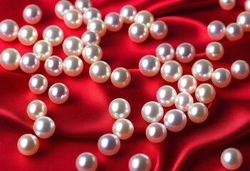 pearls on red silk fabric background wallpaper