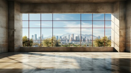 Fototapeta premium Interior of empty open space room in modern urban building for office or loft studio. Concrete walls and floor, home decor. Floor-to-ceiling windows with city view. Mockup, 3D rendering.