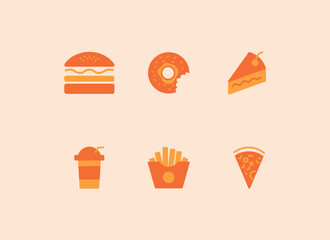Fast Food Solid Vector Flat Icon Set. Simple Symbol Design with Burger, Donut, Cherry Cake, Drink, French Fries and Pizza for Web, Cafe or Restaurant Menu, Flyer, App, Banner, Poster, Logo.