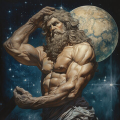 atlas holding earth on starry sky background