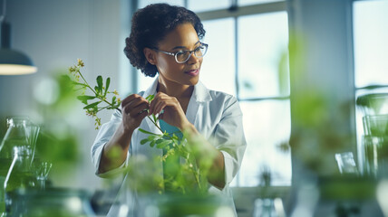 Biologist scientist african woman researcher. Happy scientist, technology or green plant sustainability for growth innovation agro. Biotechnology concept with scientist in lab. - obrazy, fototapety, plakaty