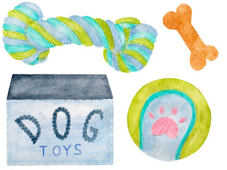 Watercolor collection, various dogs toys isolated on white background. Set for various products, animals, cards etc.