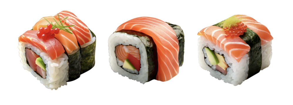 sushi salmon nigiri maki on transparent png background isolated,generative ai