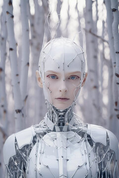 Hyro Collection · Android Woman in Snow White forest · Winter · Nature and technology · Sci-fi · Futuristic Humanoid Robot · Digital Art.