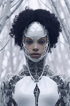 Hyro Collection · Android Woman in Snow White forest · Winter · Nature and technology · Sci-fi · Futuristic Humanoid Robot · Digital Art.