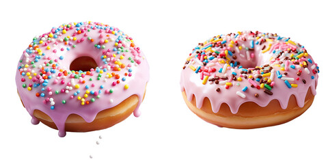 Pink glazed donut with sprinkles atop a transparent background viewed from above