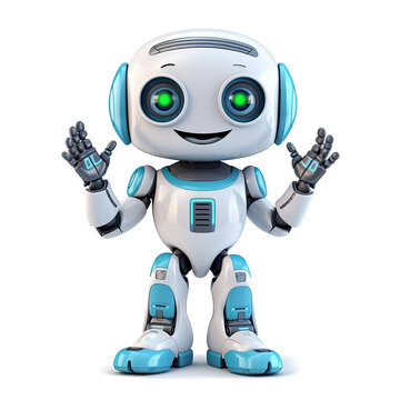 Cute white robot raising hands to greet humans, robot concept to help humans in the future on transparent background.