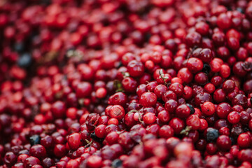 Red fresh healthy cranberries in a street food market ready to sell and eat, close up