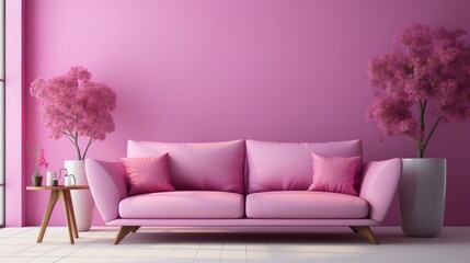 Stylish minimalist interior of modern cozy living room in pastel pink and purple tones. Trendy couch with cushions, coffee table, exotic plants, creative design details. Mockup, 3D rendering.