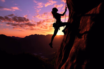 Fototapeta na wymiar Rock climber in the evening a young woman of Caucasian descent ascends a difficult route on an overhanging cliff. Adventure and Extreme Sport Concept Generative AI