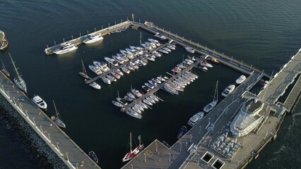 Aerial of Yachts in Marina And Wooden Pier in Sopot Poland
