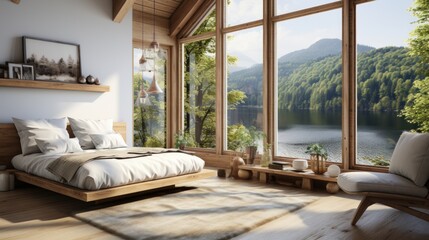 Interior of minimalist scandi style bedroom in luxury villa. White walls, simple wooden bed and elements of furniture, armchair, panoramic window overlooking scenic landscape. Mockup, 3D rendering.