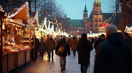 Obraz premium Christmas market bustling with people and twinkling lights, showcasing festive shopping.