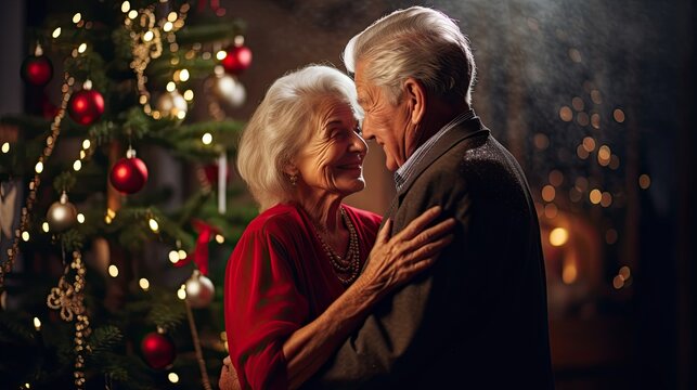 Elderly couple sharing a warm embrace under mistletoe, capturing timeless love during holidays.