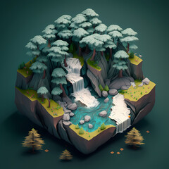Isometric in the box render of nature views with beautifull mountain and big waterfall scenery created with AI generated