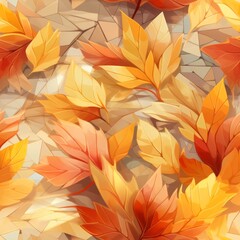 Whimsical Autumn Leaves Tile Pattern with Ancient Ruins Background.