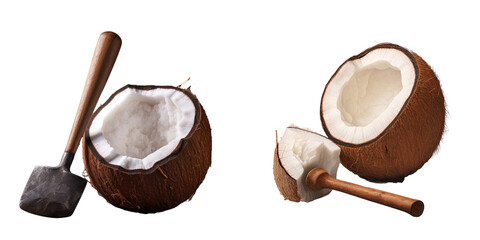 transparent background with a coconut and a wooden hammer