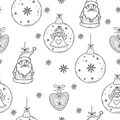 Seamless pattern with Santa Claus, Christmas ball with angel